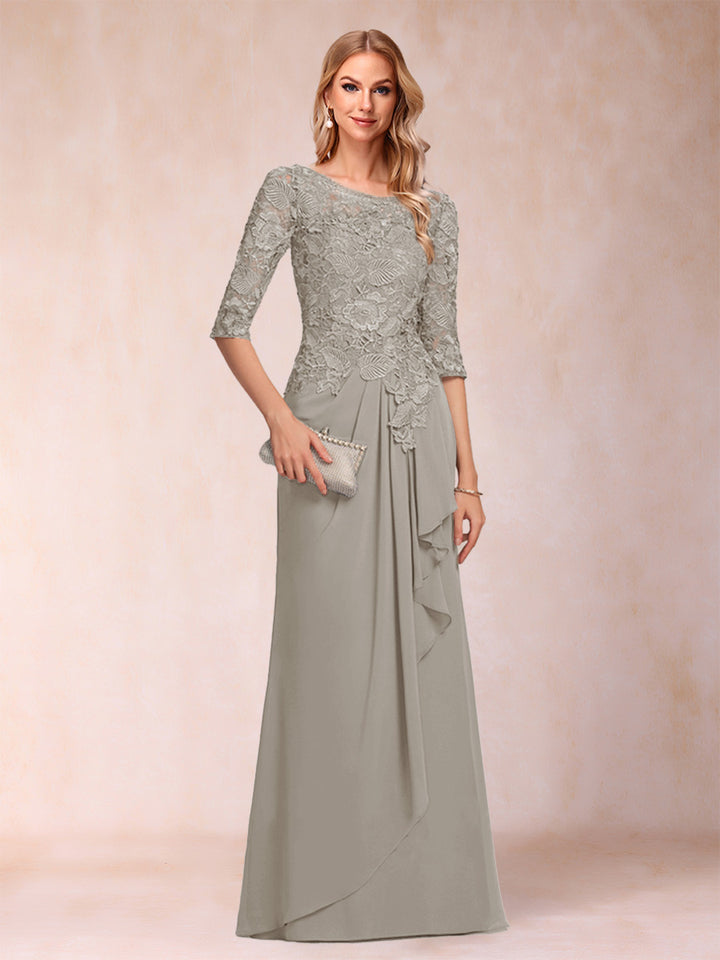 A-Line/Princess Scoop 3/4 Sleeves Chiffon Mother of the Bride Dresses with Ruffles &amp; Appliques