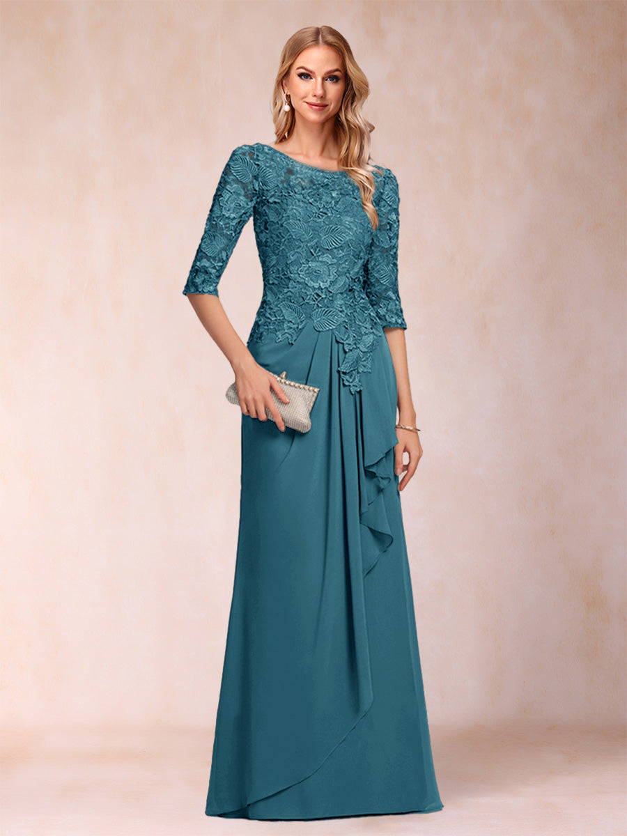 A-Line/Princess Scoop 3/4 Sleeves Chiffon Mother of the Bride Dresses with Ruffles &amp; Appliques