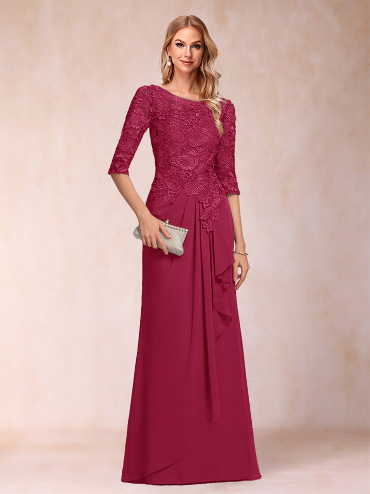A-Line/Princess Scoop 3/4 Sleeves Chiffon Mother of the Bride Dresses with Ruffles &amp; Appliques