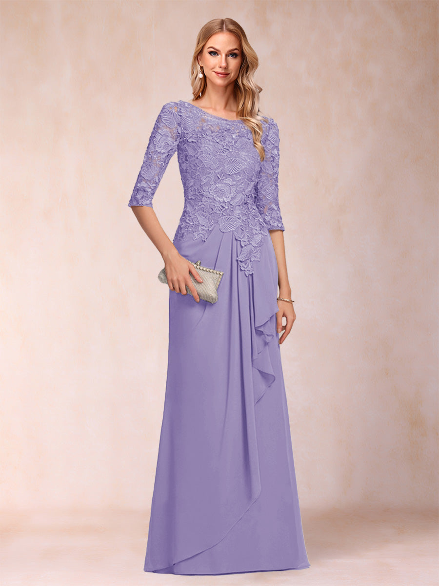 A-Line/Princess Scoop 3/4 Sleeves Chiffon Mother of the Bride Dresses with Ruffles &amp; Appliques