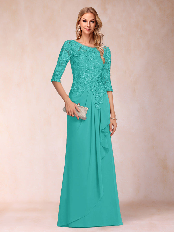 A-Line/Princess Scoop 3/4 Sleeves Chiffon Mother of the Bride Dresses with Ruffles &amp; Appliques