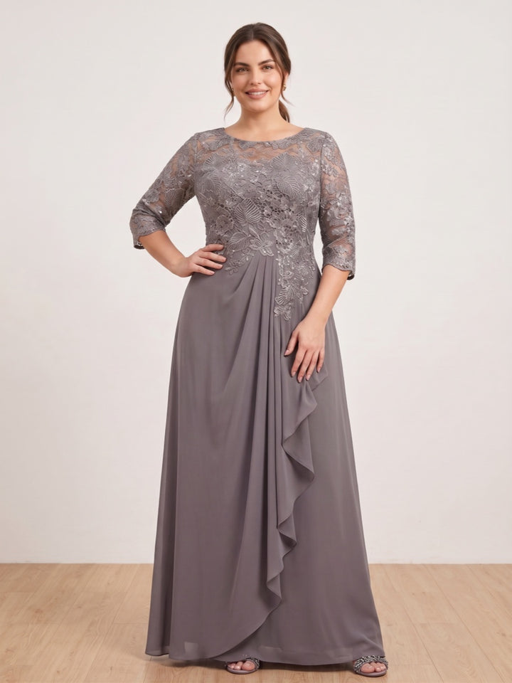 A-Line/Princess Scoop 3/4 Sleeves Plus size Mother of the Bride Dresses with Ruffles &amp; Appliques