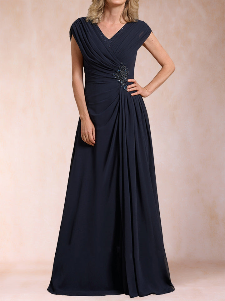 A-Line/Princess V-Neck Chiffon Ruched Mother of the Bride Dresses with Appliques &amp; Beading