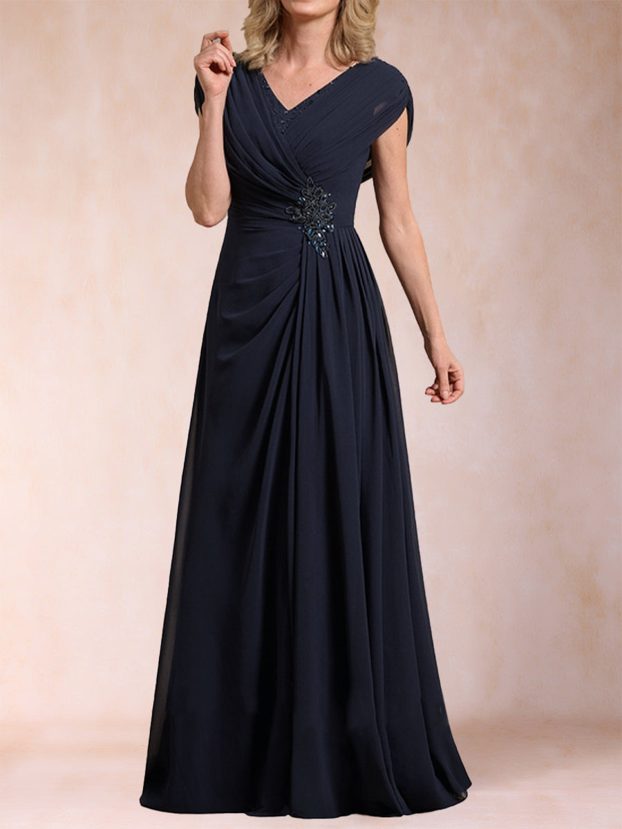 A-Line/Princess V-Neck Chiffon Ruched Mother of the Bride Dresses with Appliques &amp; Beading