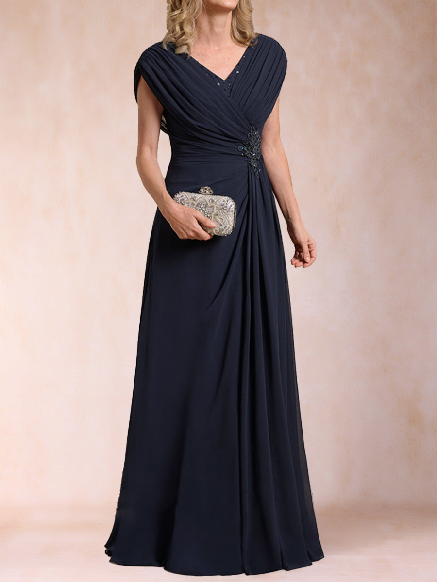 A-Line/Princess V-Neck Chiffon Ruched Mother of the Bride Dresses with Appliques &amp; Beading