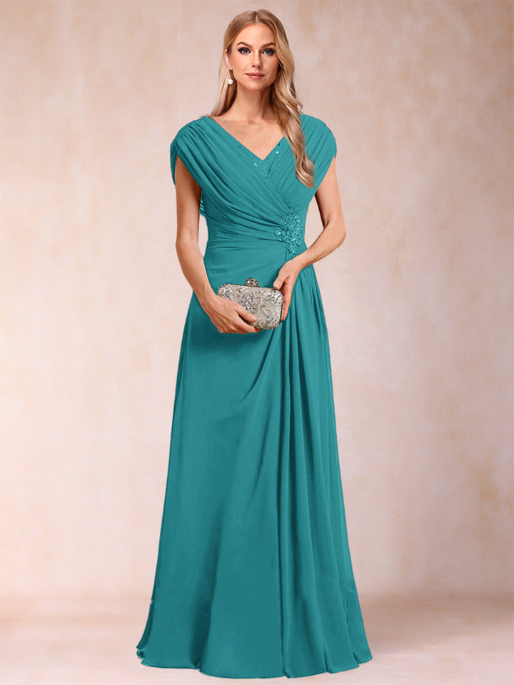 A-Line/Princess V-Neck Chiffon Ruched Mother of the Bride Dresses with Appliques &amp; Beading