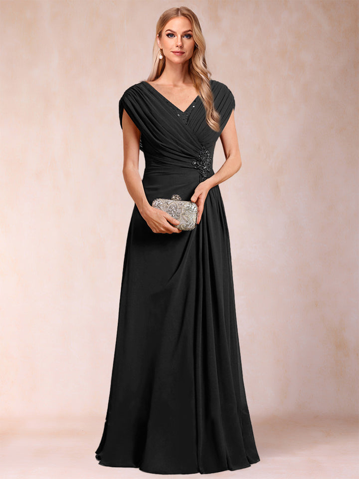 A-Line/Princess V-Neck Chiffon Ruched Mother of the Bride Dresses with Appliques &amp; Beading