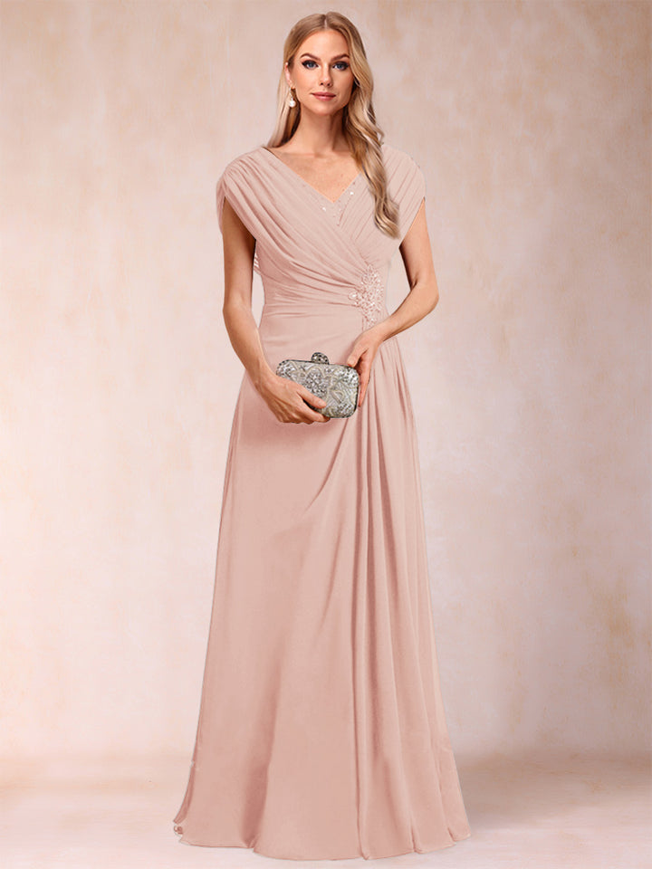 A-Line/Princess V-Neck Chiffon Ruched Mother of the Bride Dresses with Appliques &amp; Beading