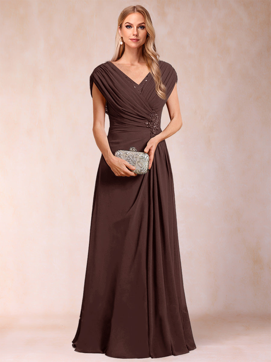 A-Line/Princess V-Neck Chiffon Ruched Mother of the Bride Dresses with Appliques &amp; Beading