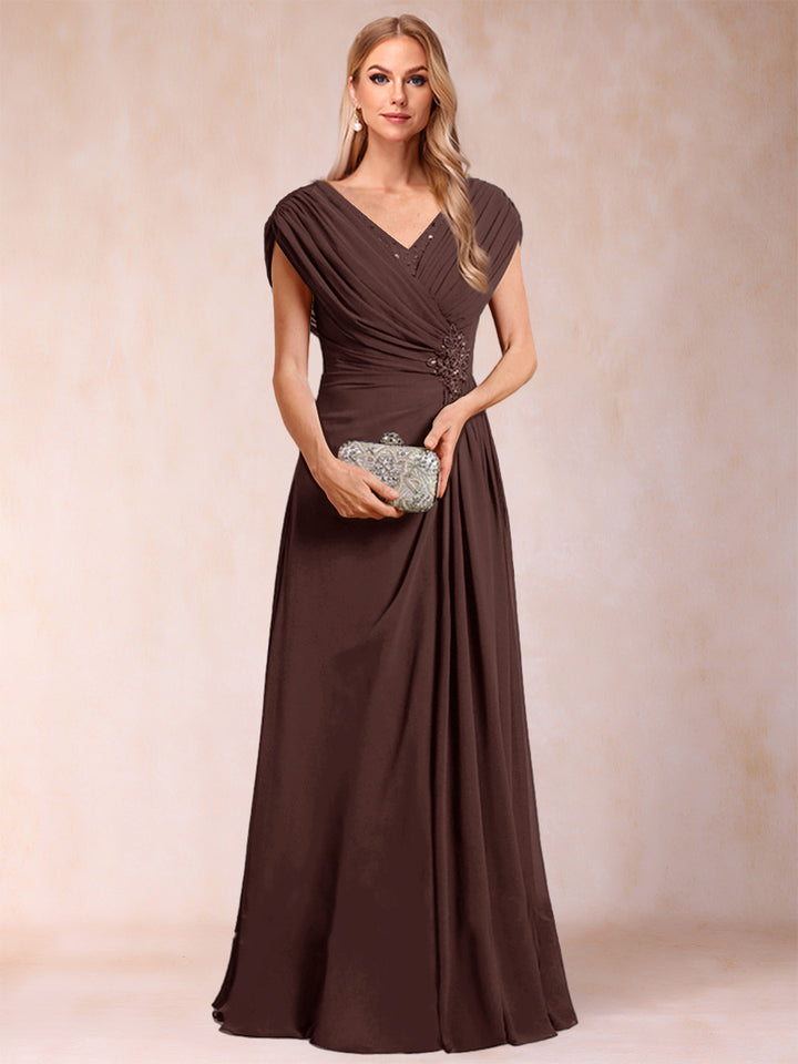 A-Line/Princess V-Neck Chiffon Ruched Mother of the Bride Dresses with Appliques &amp; Beading