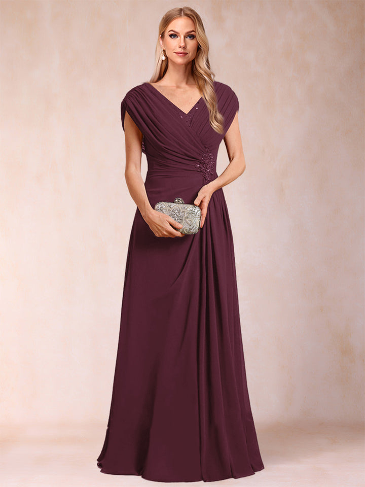 A-Line/Princess V-Neck Chiffon Ruched Mother of the Bride Dresses with Appliques &amp; Beading