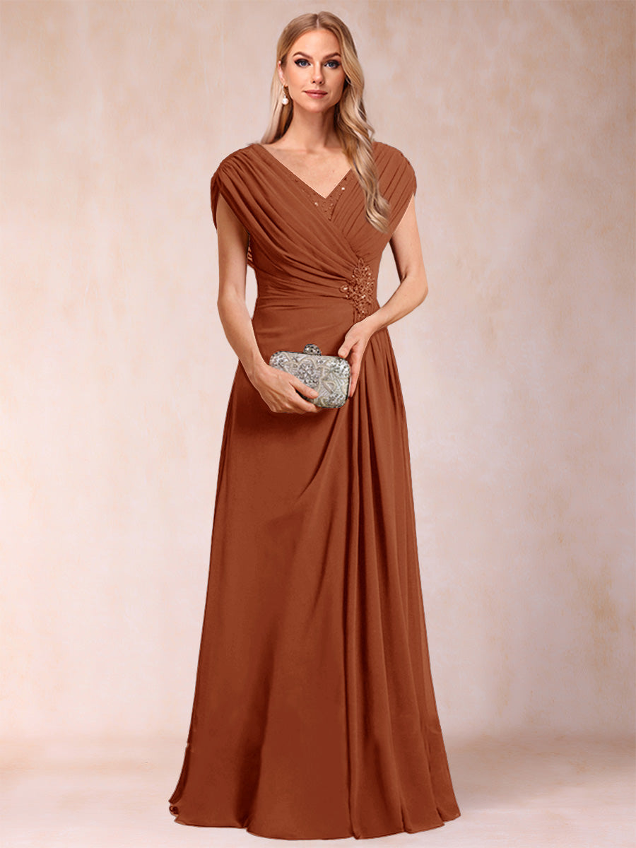 A-Line/Princess V-Neck Chiffon Ruched Mother of the Bride Dresses with Appliques &amp; Beading