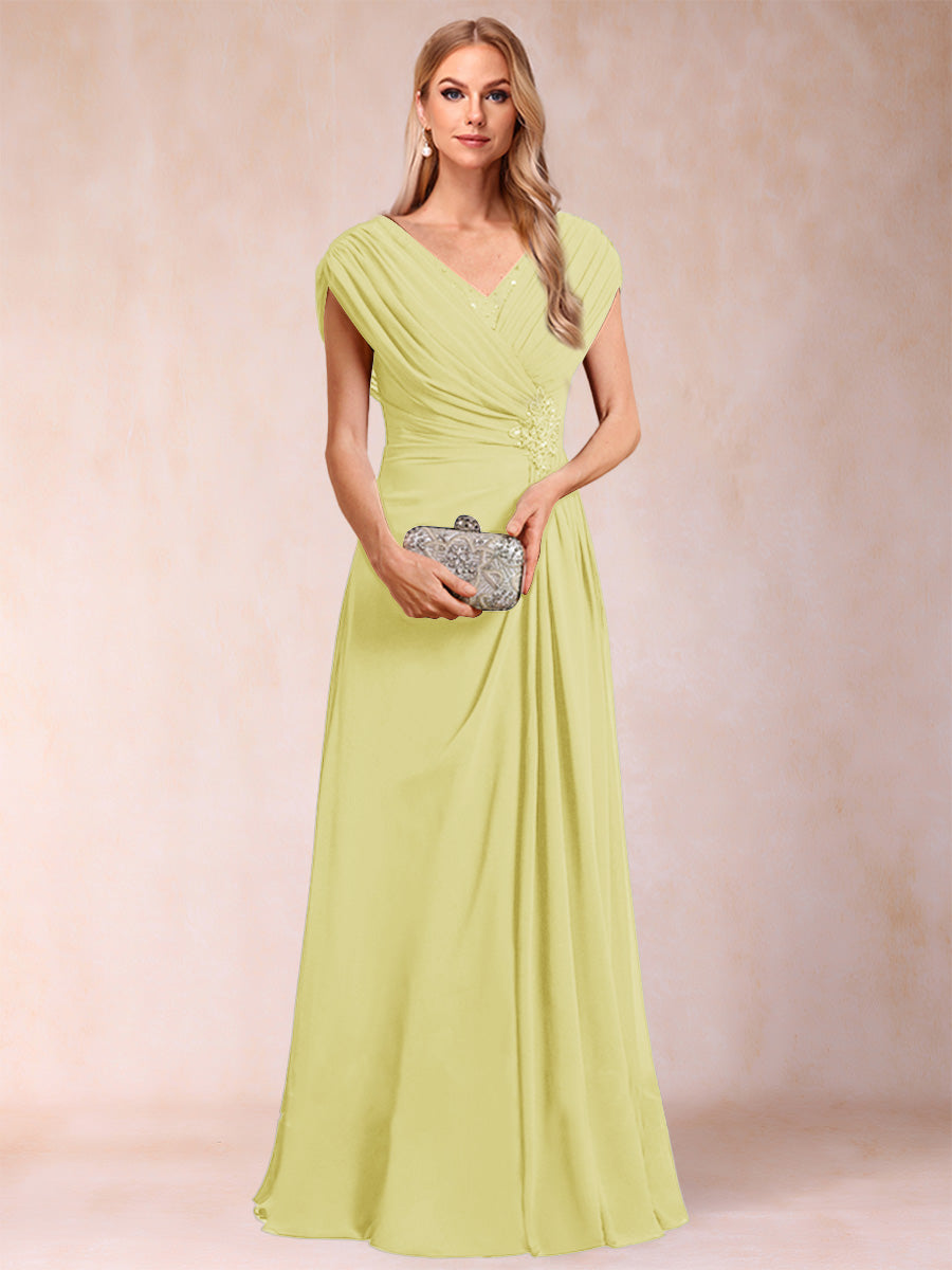 A-Line/Princess V-Neck Chiffon Ruched Mother of the Bride Dresses with Appliques &amp; Beading