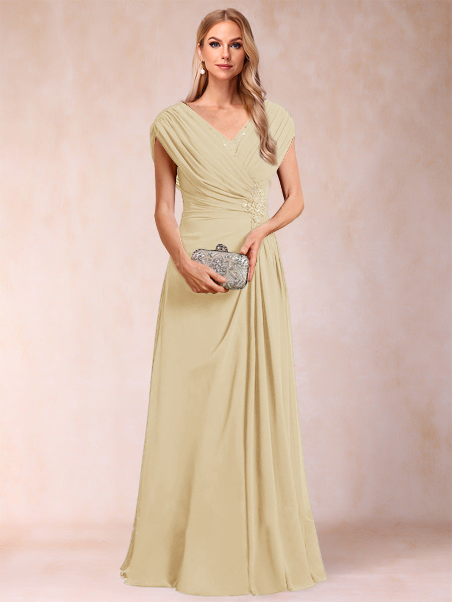 A-Line/Princess V-Neck Chiffon Ruched Mother of the Bride Dresses with Appliques &amp; Beading