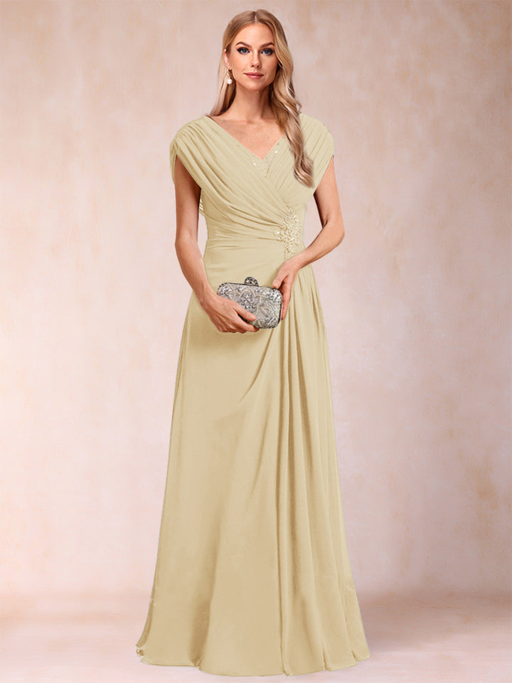 A-Line/Princess V-Neck Chiffon Ruched Mother of the Bride Dresses with Appliques &amp; Beading