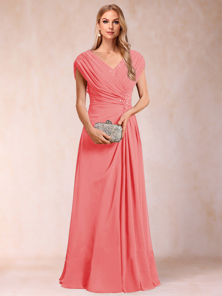 A-Line/Princess V-Neck Chiffon Ruched Mother of the Bride Dresses with Appliques &amp; Beading