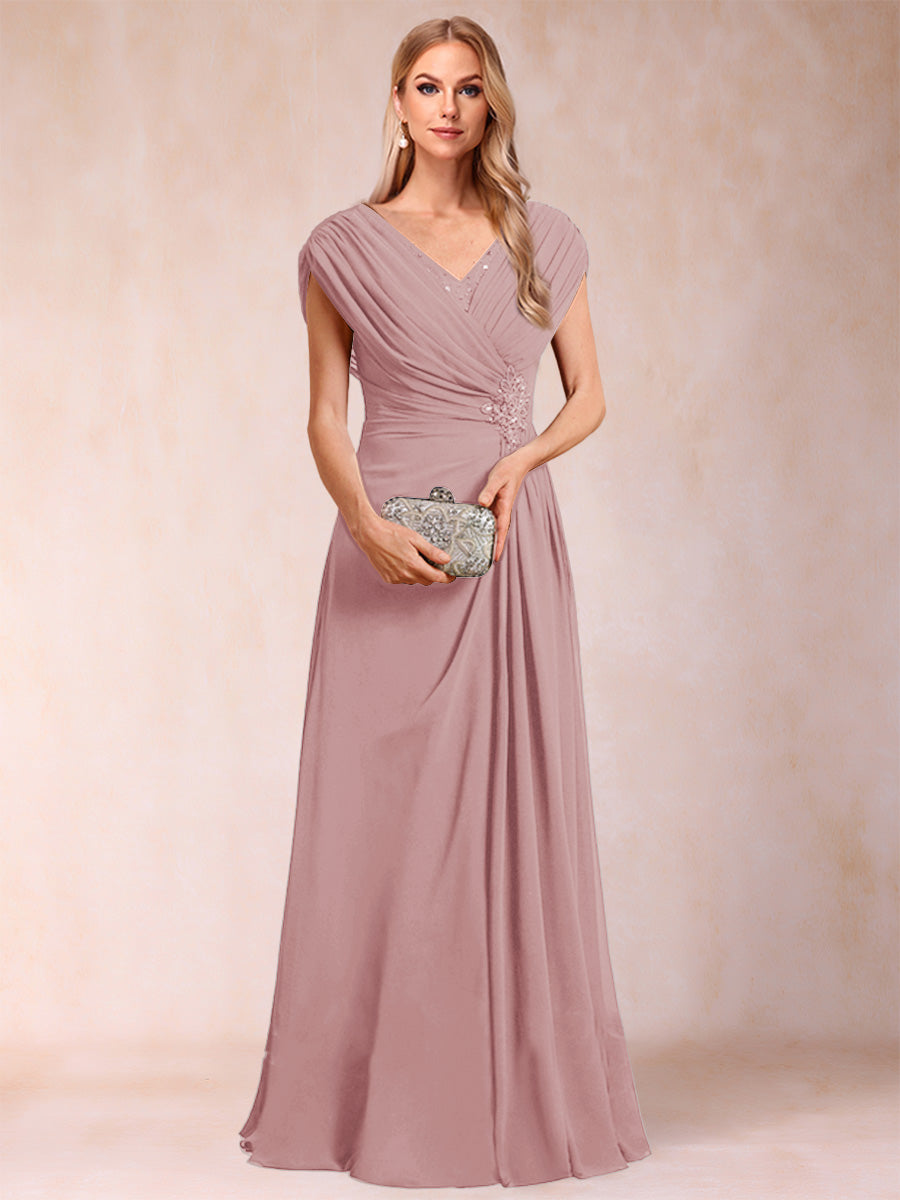 A-Line/Princess V-Neck Chiffon Ruched Mother of the Bride Dresses with Appliques &amp; Beading