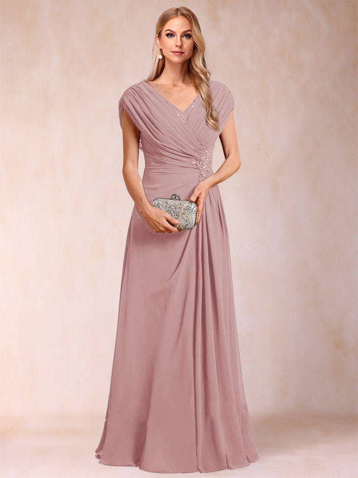 A-Line/Princess V-Neck Chiffon Ruched Mother of the Bride Dresses with Appliques &amp; Beading