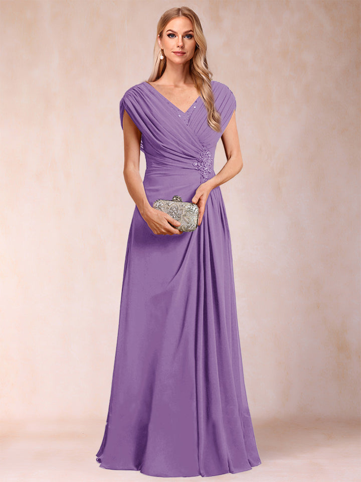 A-Line/Princess V-Neck Chiffon Ruched Mother of the Bride Dresses with Appliques &amp; Beading