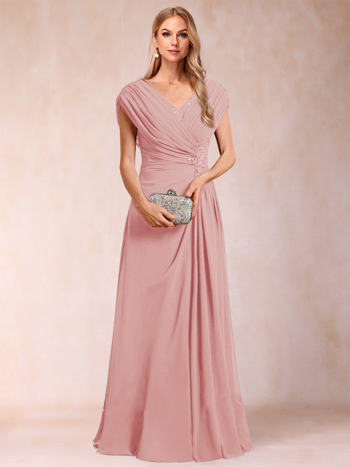 A-Line/Princess V-Neck Chiffon Ruched Mother of the Bride Dresses with Appliques &amp; Beading