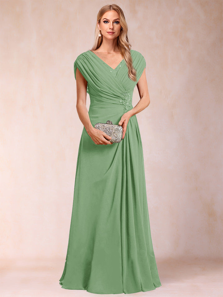 A-Line/Princess V-Neck Chiffon Ruched Mother of the Bride Dresses with Appliques &amp; Beading