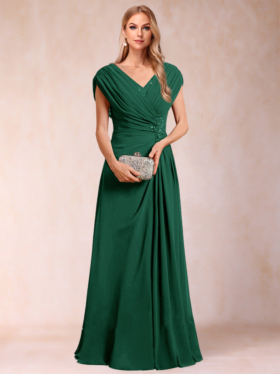 A-Line/Princess V-Neck Chiffon Ruched Mother of the Bride Dresses with Appliques &amp; Beading