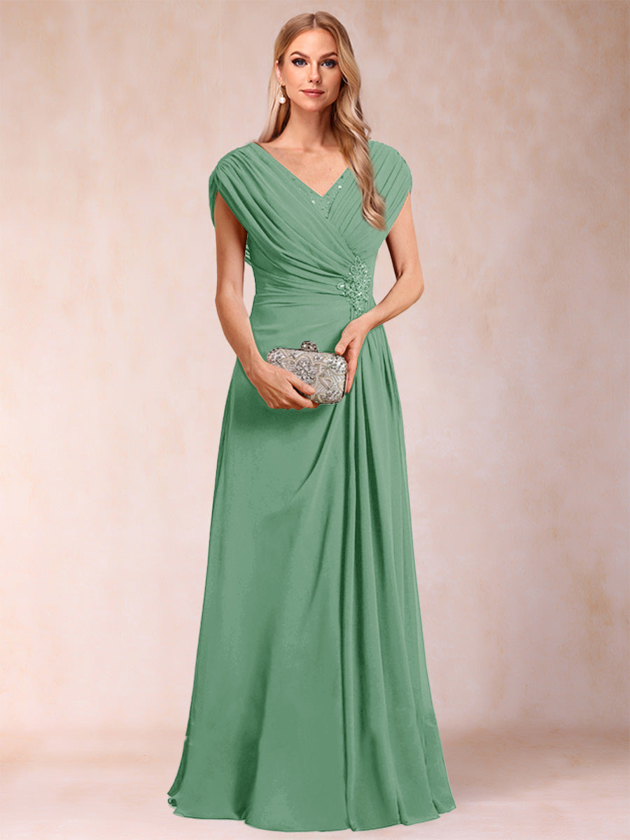 A-Line/Princess V-Neck Chiffon Ruched Mother of the Bride Dresses with Appliques &amp; Beading
