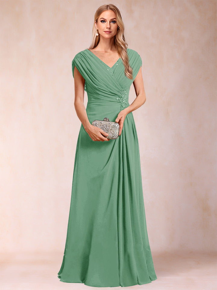 A-Line/Princess V-Neck Chiffon Ruched Mother of the Bride Dresses with Appliques &amp; Beading