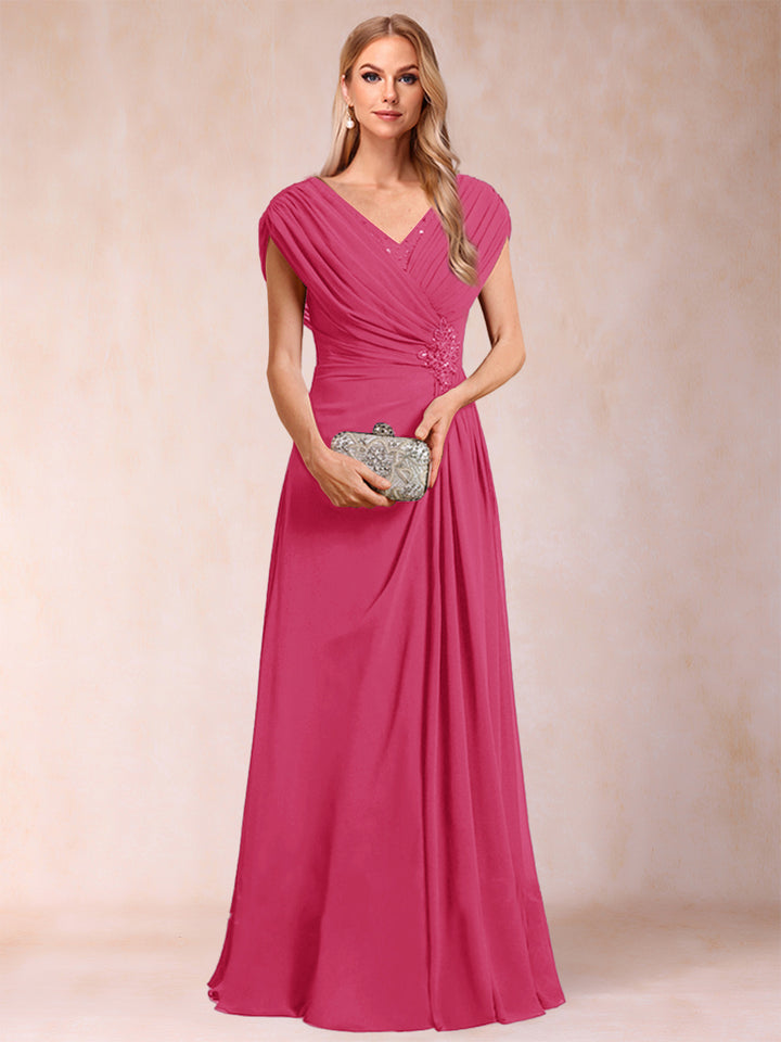 A-Line/Princess V-Neck Chiffon Ruched Mother of the Bride Dresses with Appliques &amp; Beading