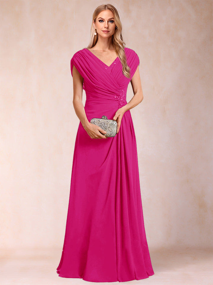 A-Line/Princess V-Neck Chiffon Ruched Mother of the Bride Dresses with Appliques &amp; Beading