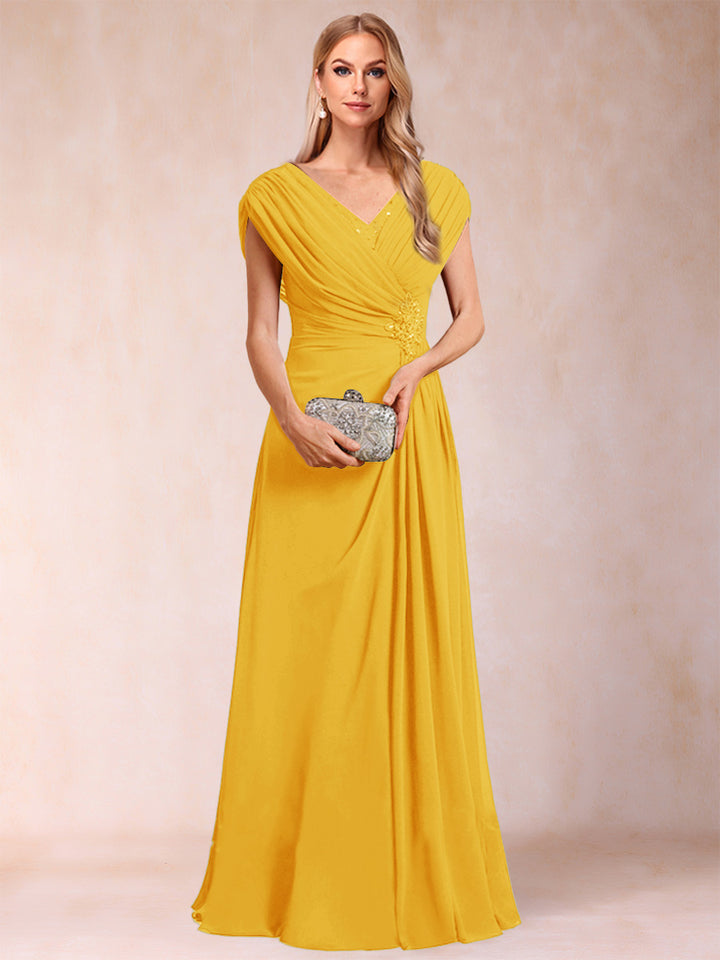 A-Line/Princess V-Neck Chiffon Ruched Mother of the Bride Dresses with Appliques &amp; Beading