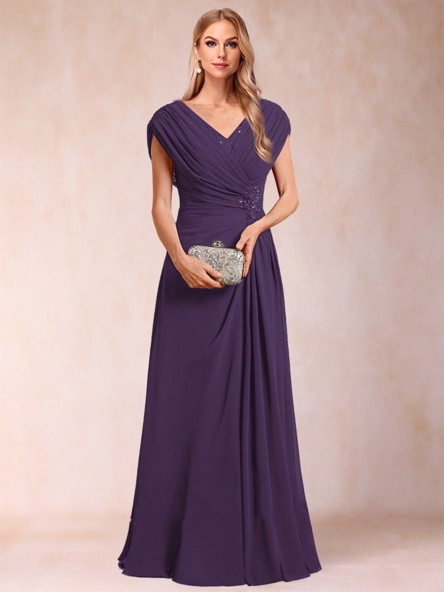 A-Line/Princess V-Neck Chiffon Ruched Mother of the Bride Dresses with Appliques &amp; Beading
