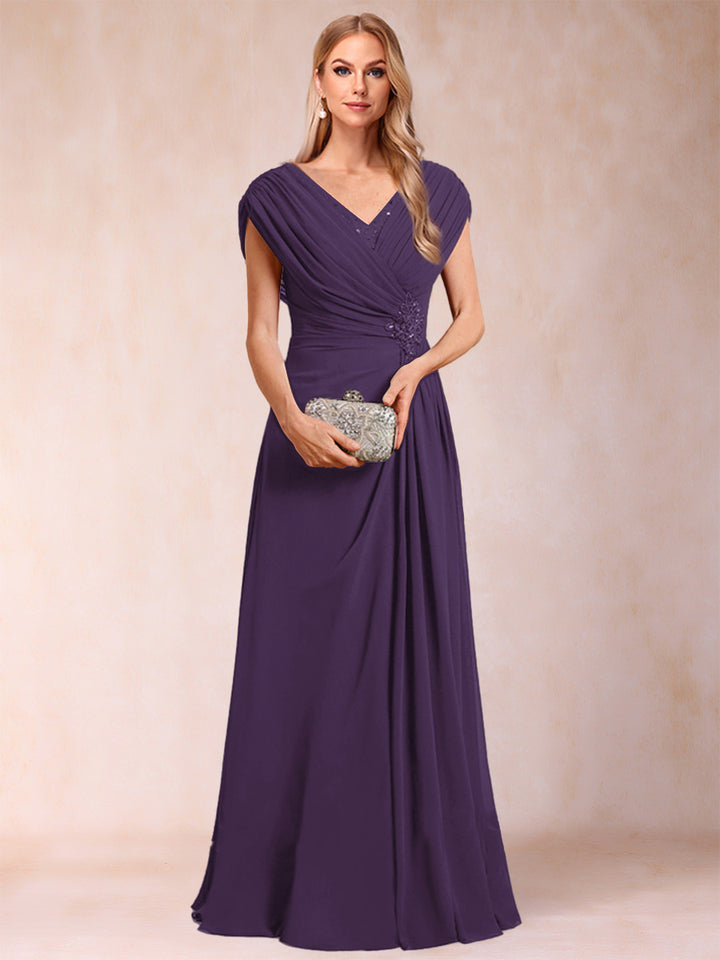A-Line/Princess V-Neck Chiffon Ruched Mother of the Bride Dresses with Appliques &amp; Beading
