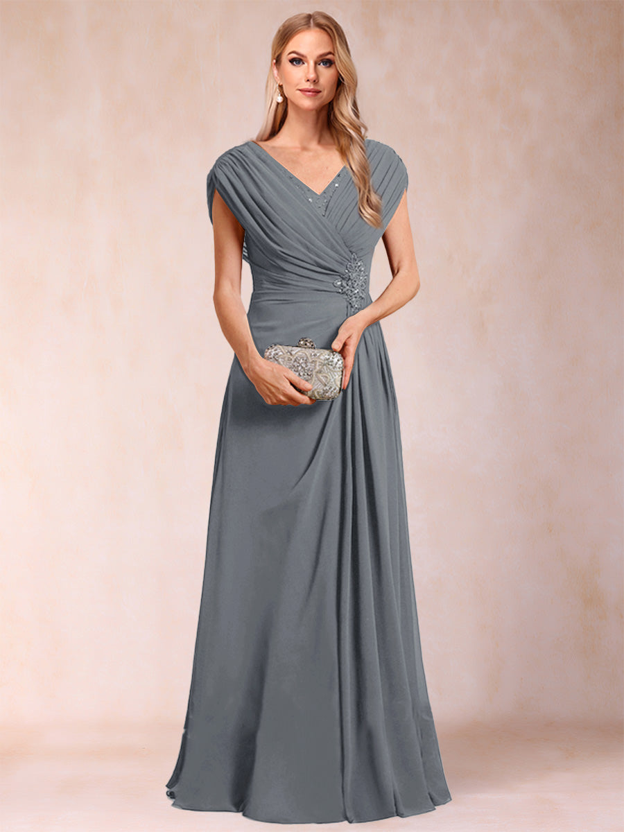 A-Line/Princess V-Neck Chiffon Ruched Mother of the Bride Dresses with Appliques &amp; Beading