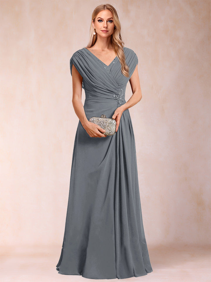 A-Line/Princess V-Neck Chiffon Ruched Mother of the Bride Dresses with Appliques &amp; Beading