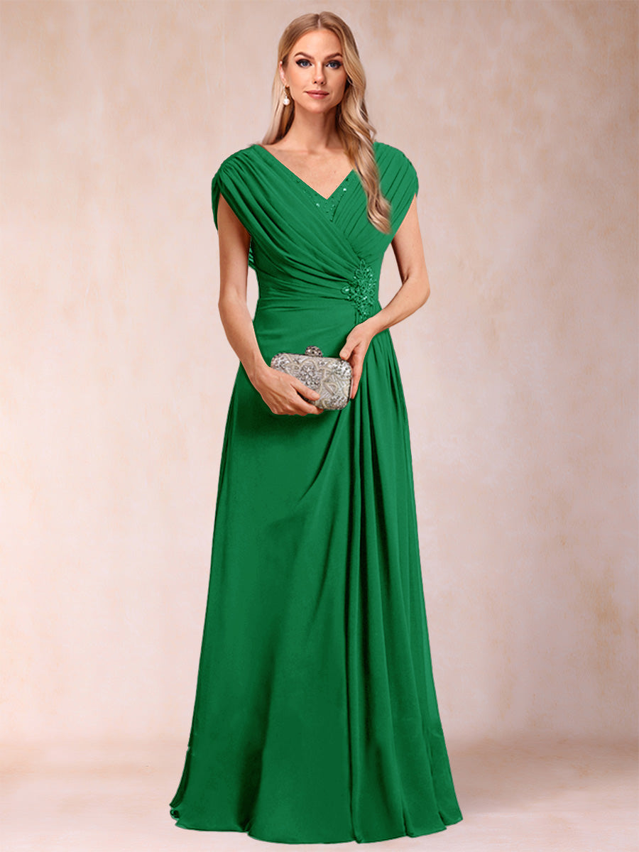 A-Line/Princess V-Neck Chiffon Ruched Mother of the Bride Dresses with Appliques &amp; Beading