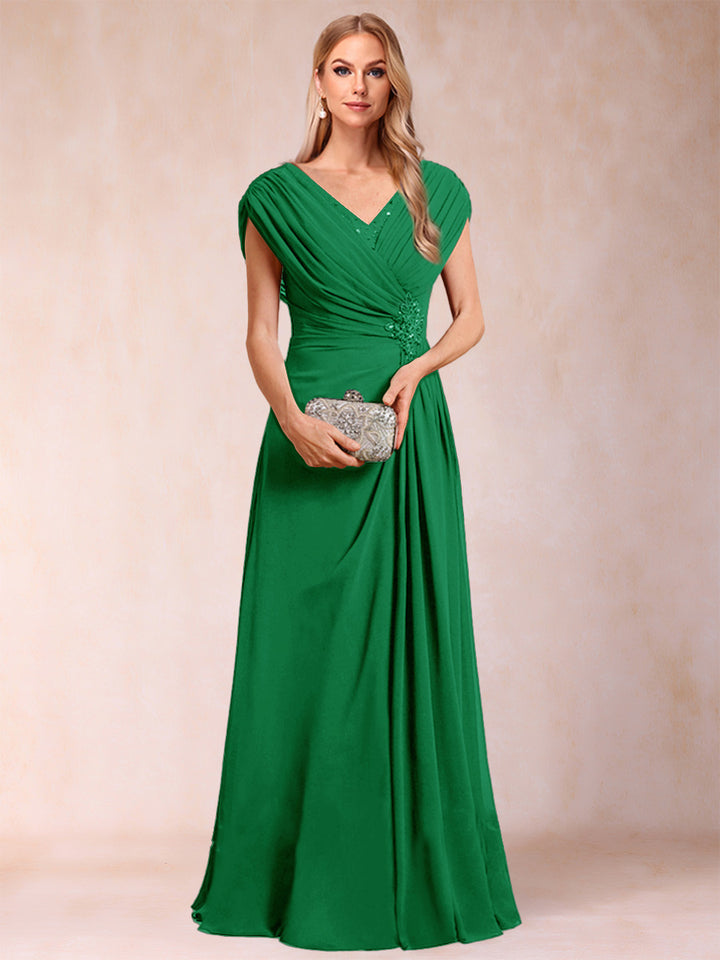 A-Line/Princess V-Neck Chiffon Ruched Mother of the Bride Dresses with Appliques &amp; Beading