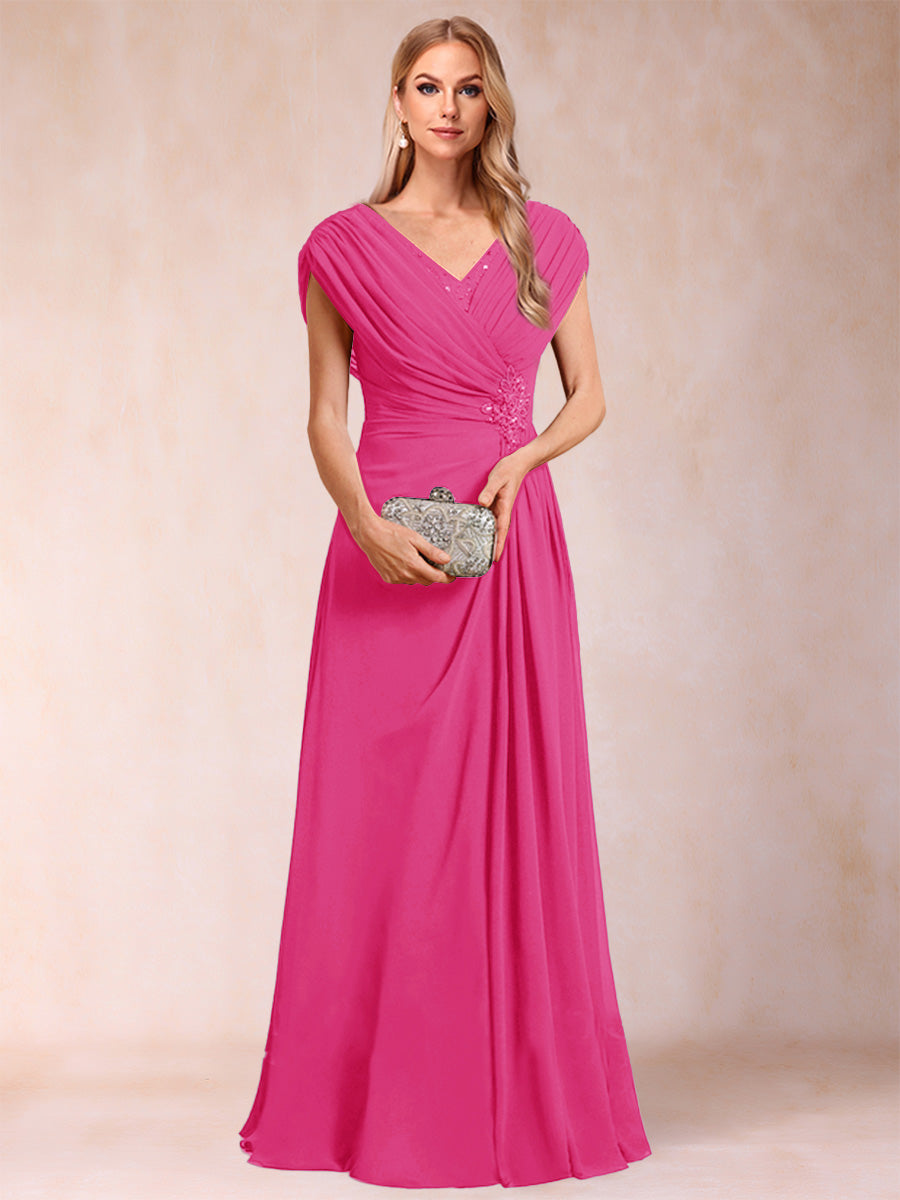 A-Line/Princess V-Neck Chiffon Ruched Mother of the Bride Dresses with Appliques &amp; Beading