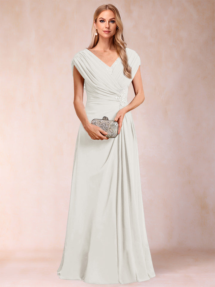 A-Line/Princess V-Neck Chiffon Ruched Mother of the Bride Dresses with Appliques &amp; Beading