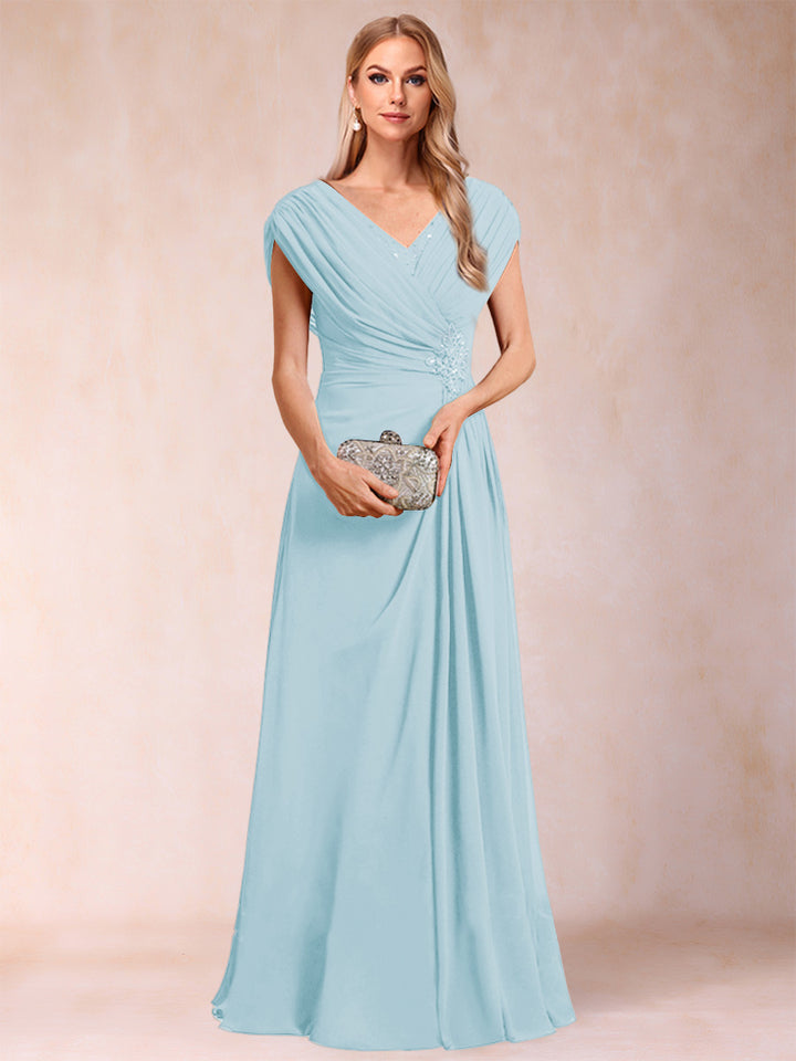 A-Line/Princess V-Neck Chiffon Ruched Mother of the Bride Dresses with Appliques &amp; Beading