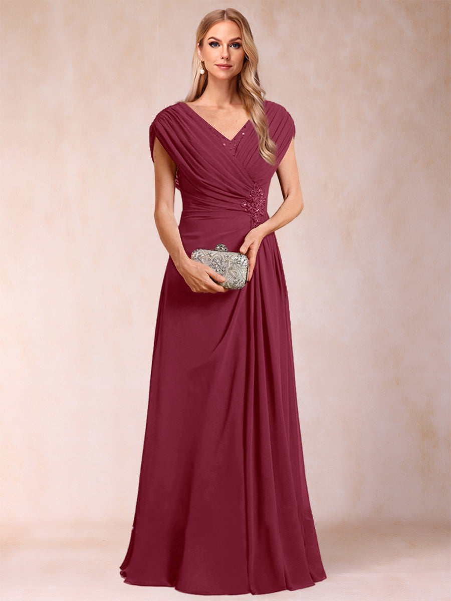A-Line/Princess V-Neck Chiffon Ruched Mother of the Bride Dresses with Appliques &amp; Beading