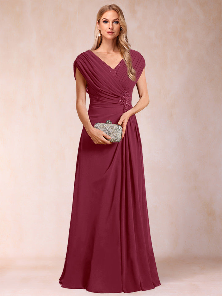 A-Line/Princess V-Neck Chiffon Ruched Mother of the Bride Dresses with Appliques &amp; Beading