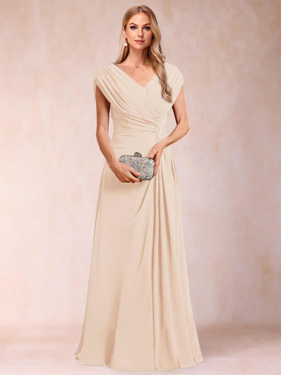 A-Line/Princess V-Neck Chiffon Ruched Mother of the Bride Dresses with Appliques &amp; Beading