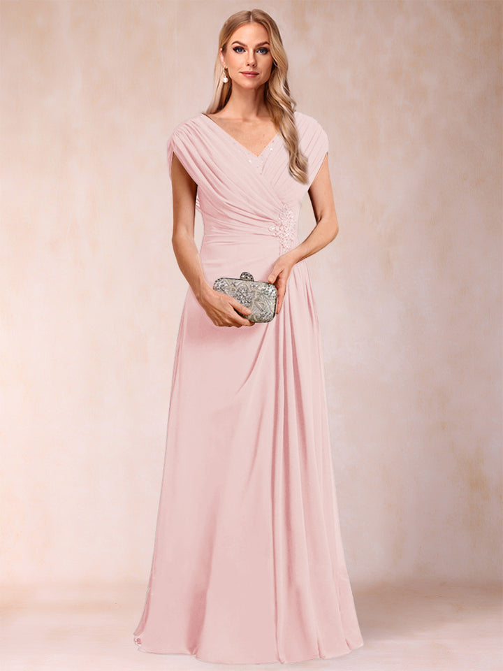 A-Line/Princess V-Neck Chiffon Ruched Mother of the Bride Dresses with Appliques &amp; Beading