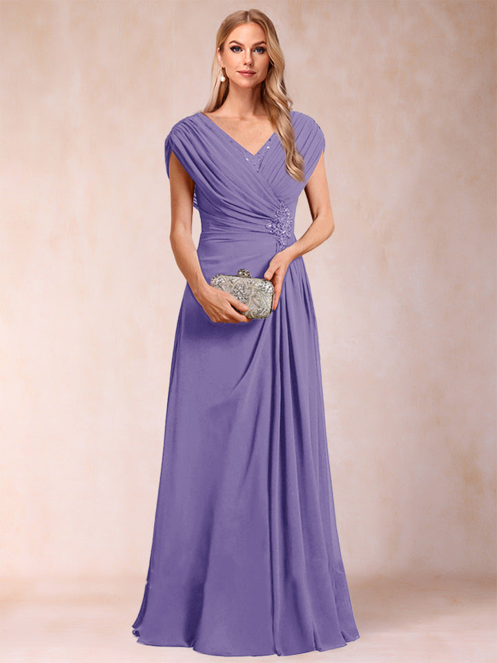 A-Line/Princess V-Neck Chiffon Ruched Mother of the Bride Dresses with Appliques &amp; Beading