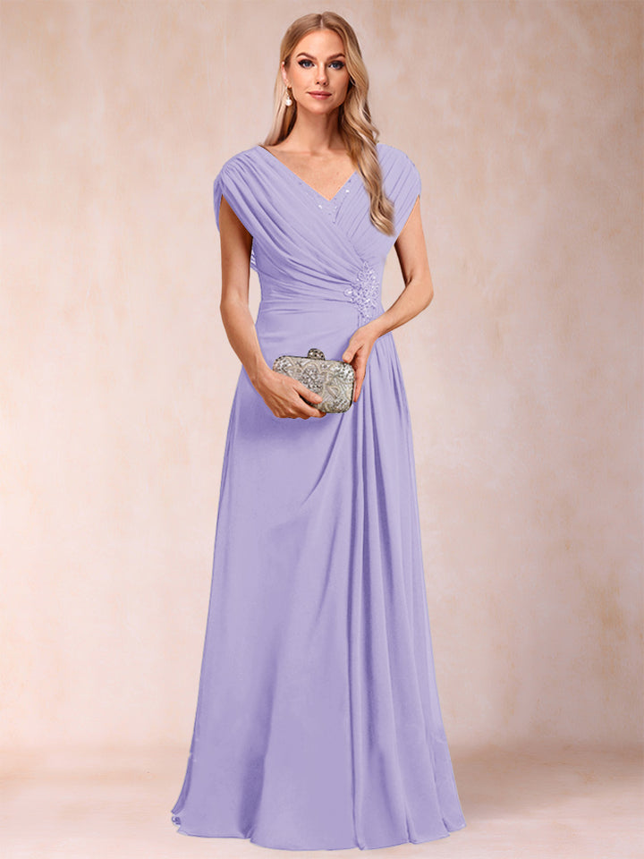 A-Line/Princess V-Neck Chiffon Ruched Mother of the Bride Dresses with Appliques &amp; Beading
