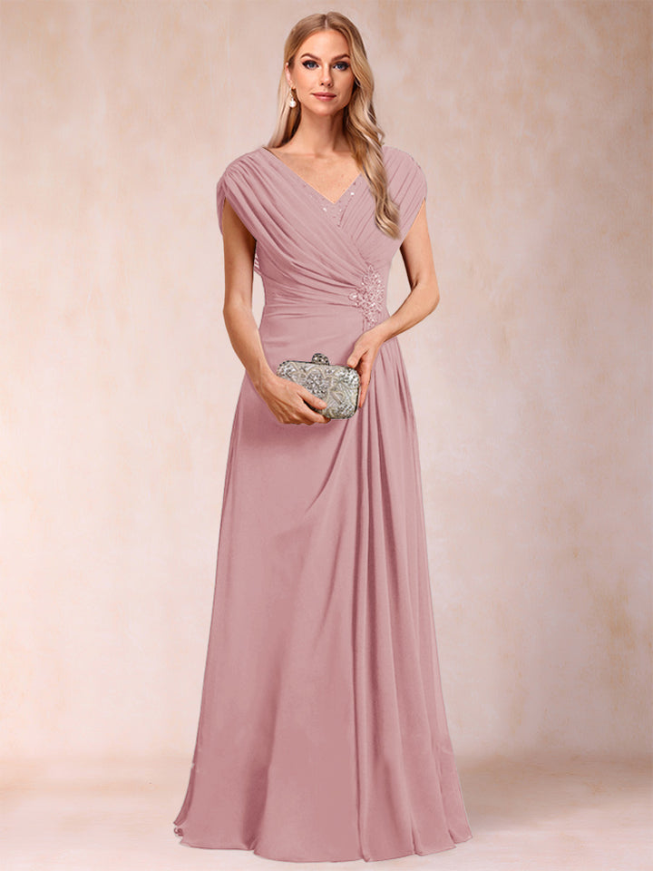 A-Line/Princess V-Neck Chiffon Ruched Mother of the Bride Dresses with Appliques &amp; Beading
