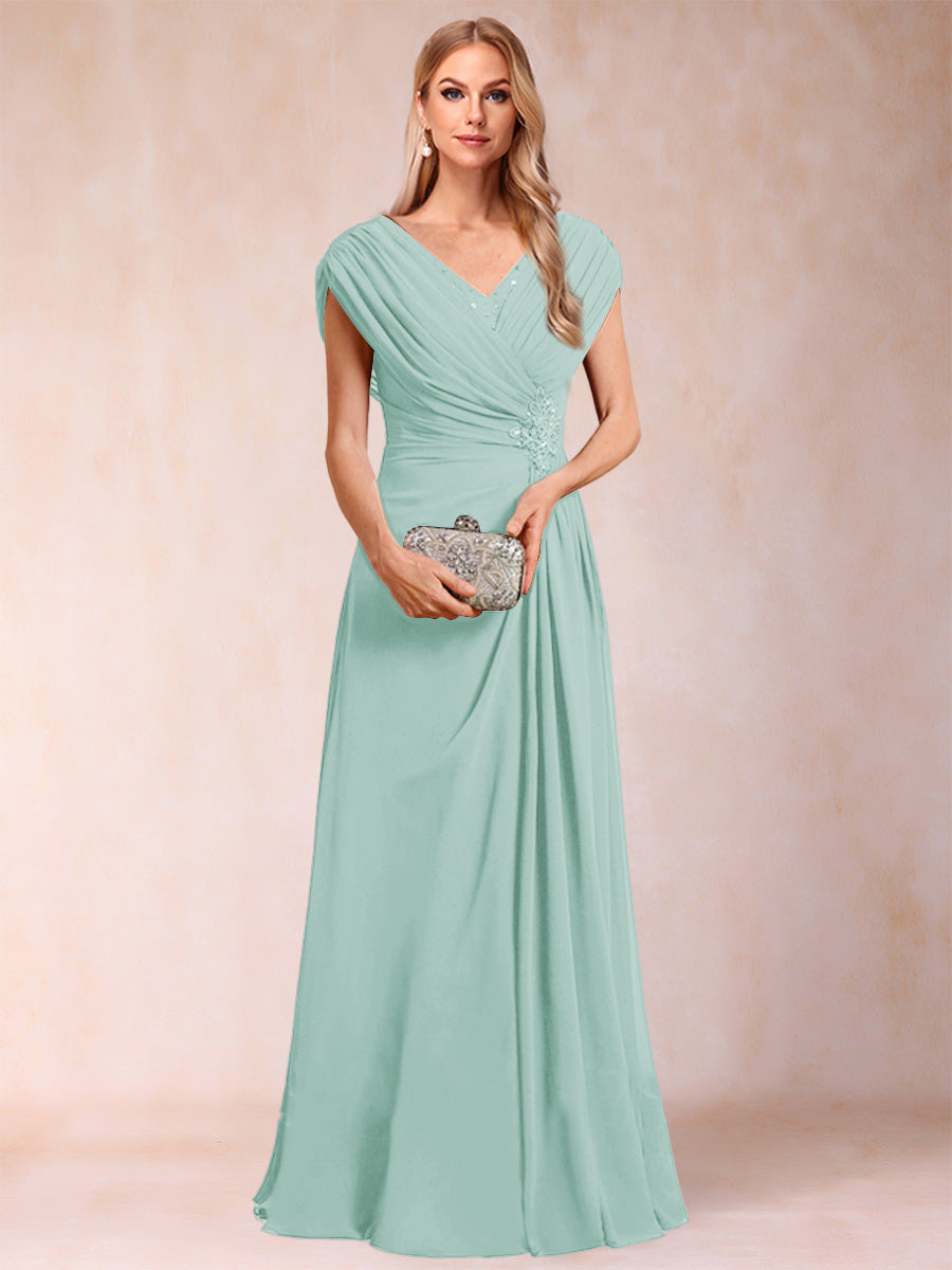 A-Line/Princess V-Neck Chiffon Ruched Mother of the Bride Dresses with Appliques &amp; Beading