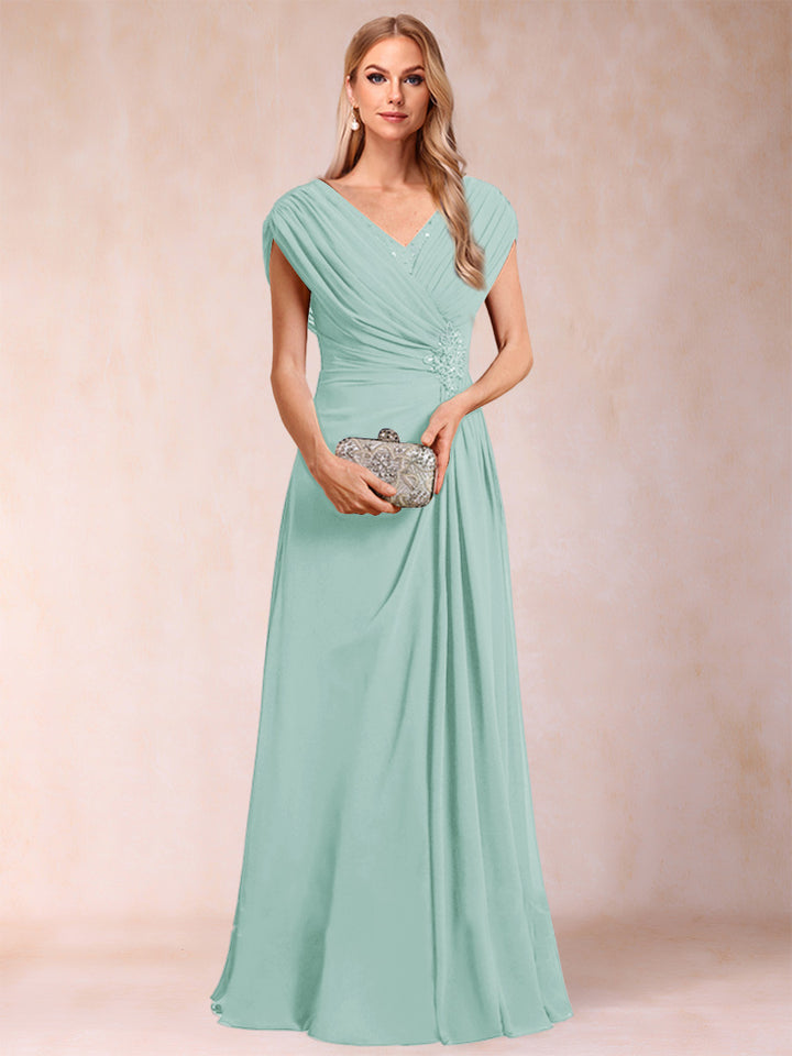 A-Line/Princess V-Neck Chiffon Ruched Mother of the Bride Dresses with Appliques &amp; Beading