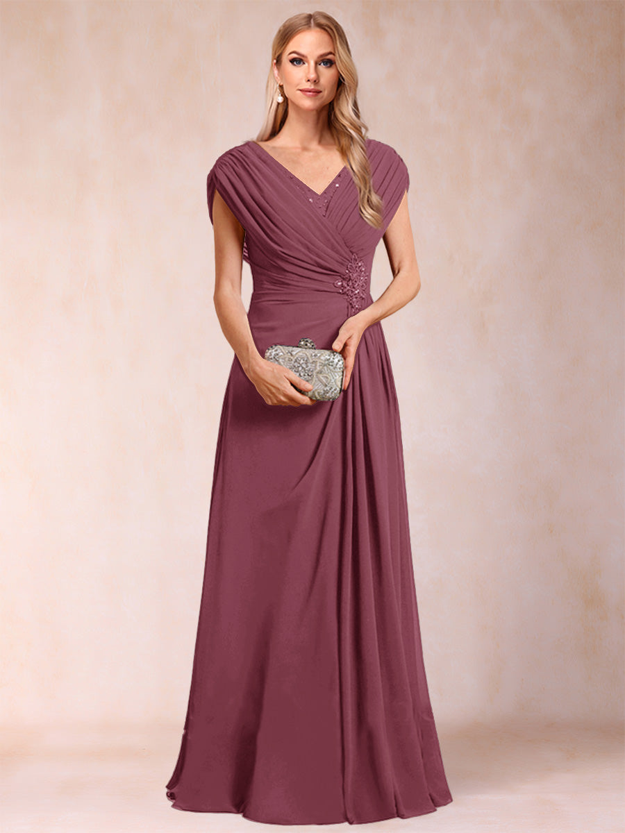 A-Line/Princess V-Neck Chiffon Ruched Mother of the Bride Dresses with Appliques &amp; Beading